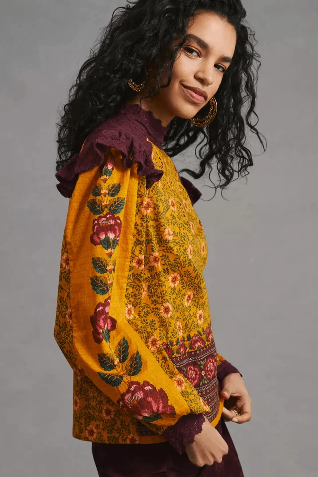 Anthropologie Farm Rio Ruffled Blouse Floral Printed Top Embroidered Lace M NWT - Image 4 of 4