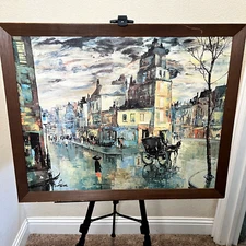 Vintage 1965 Rainy Day In Paris Oil Painting Canvass Sdg. M. Salva Framed 28x22