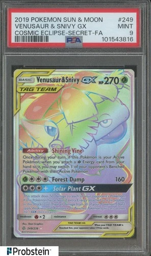 2019 Pokemon Sun & Moon Cosmic Eclipse Secret #249 FA Venusaur & Snivy GX PSA 9