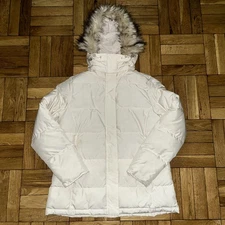 LL BEAN faux fur trim hooded down puffer jacket parka coat Women’s Medium Ivory