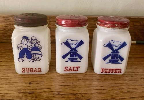 Vintage Hazel Atlas Milk Glass Windmill Salt & Pepper Dutch Boy Sugar
