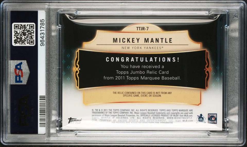 MICKEY MANTLE 2011 TOPPS MARQUEE TITANIC THREADS JUMBO RELIC #7 PSA 9 MINT NY - Image 2 of 2