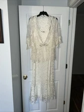Claire Pettibone Gown w Jacket Ivory Wedding Sheer Lace Straps Size Small Boho