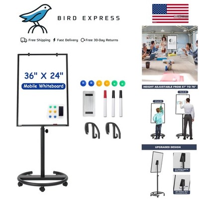 36x24 Inch Mobile Magnetic Whiteboard with Height Adjustment and Wheels