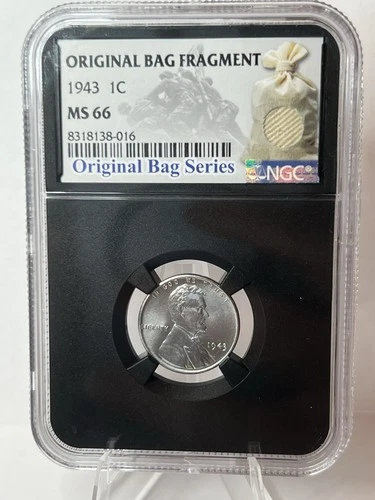 1943-P Lincoln Steel Wheat Cent, NGC MS 66, Original Bag Fragment Label