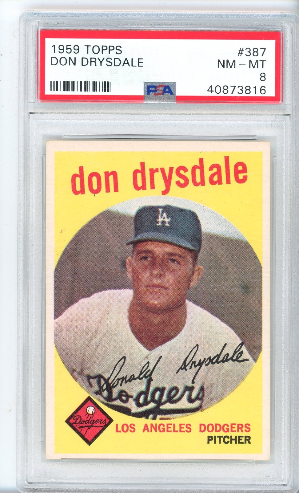 1959 TOPPS DON DRYSDALE #387 DODGERS PSA 8