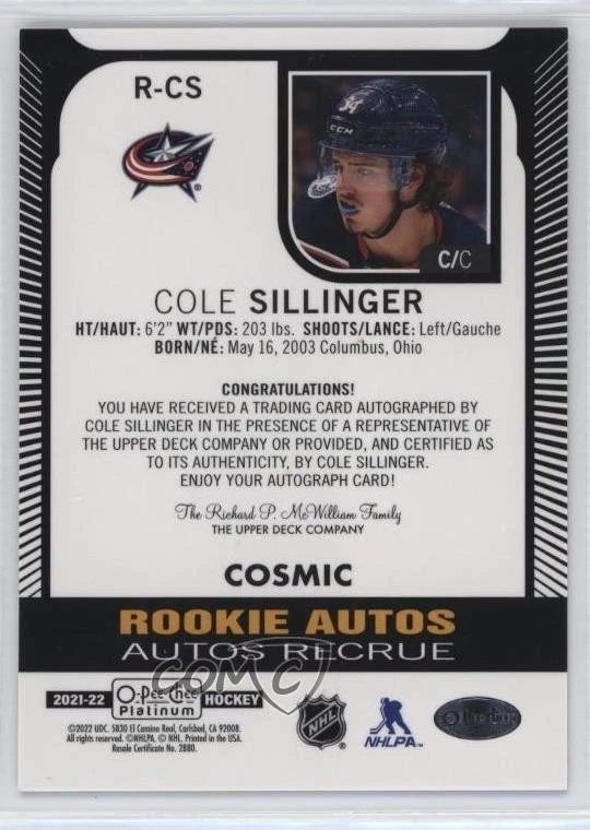 2021-22 O-Pee-Chee Platinum Rookie Auto Cosmic Cole Sillinger #R-CS Auto RC - Image 2 of 2