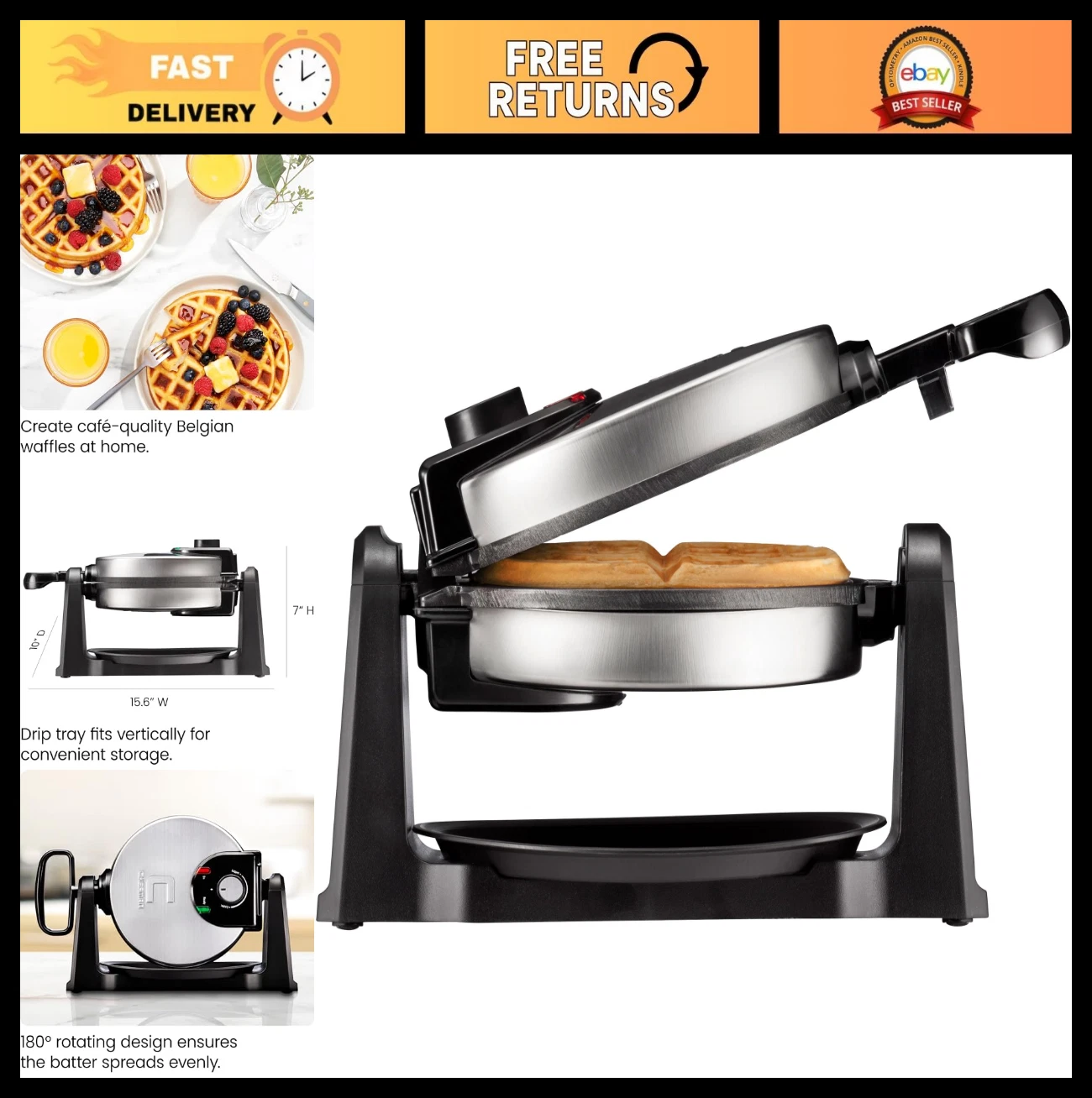 Rotating Belgian Waffle Maker - 180° Flip, Non-Stick Plates, Adjustable Timer, L