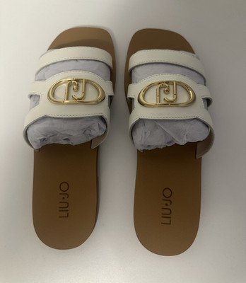 Liu Jo Damen Sandalen Slipper Leder Weiß/Gold Logo, EU 37, flach