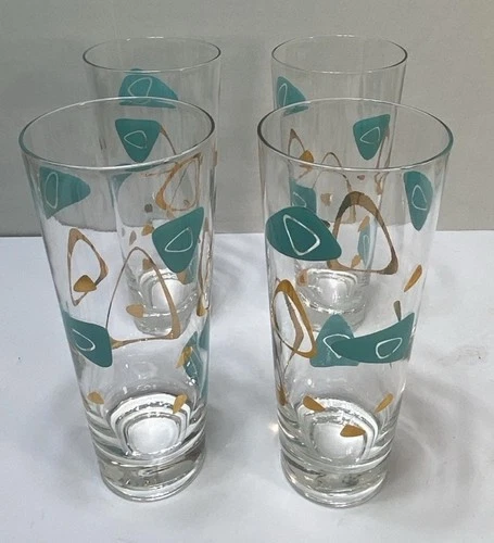 4  Vintage Federal Amoeba Atomic Boomerang Turquoise 16 Ounce Tumbler Glass Tall