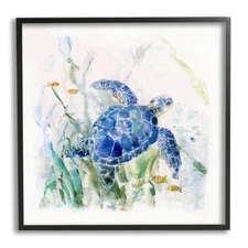 Pleasant Aquatic Blue Sea Turtle Swimming Ocean Plants, Design by Sally Swatland