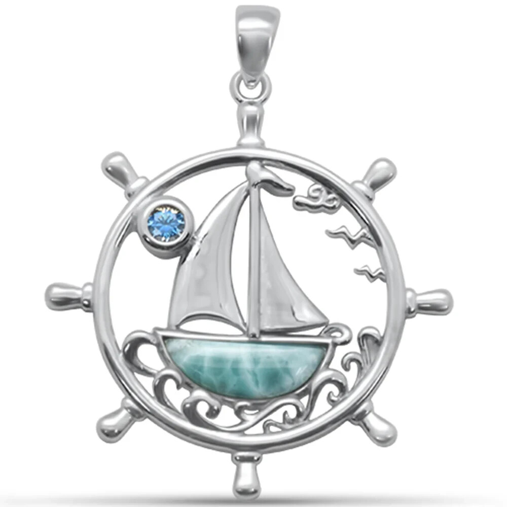ラリマー C 14806 Natural Larimar Sailboat & Aquamarine CZ .925 Steling Silver