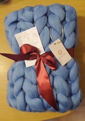 Brand New Merino Wool |  Wool Hugs Chunky Knit Blanket/Throw | Blue | 50'' x 30''