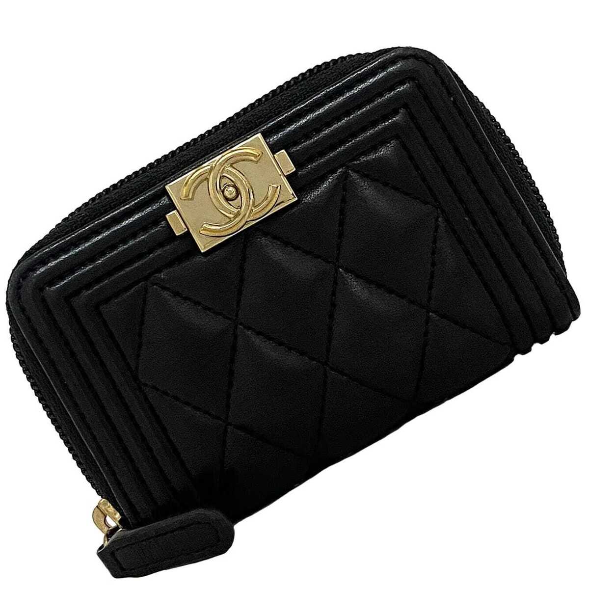 Chanel Coin Case Black Gold Boy A80602 Purse Leather GP Chanel Coin Case Black Gold Boy A80602 Purse Leather GP