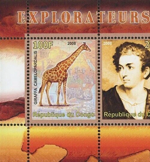 Congo África Explorador Jirafa Camello Animal Salvaje Hoja de 3 Estampillas MNH Foto 2 de 4