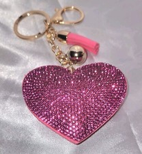 Rose Pink Bright Crystal Heart Bag Charm/ Keychain With Tassle Gold-tone NWOT...