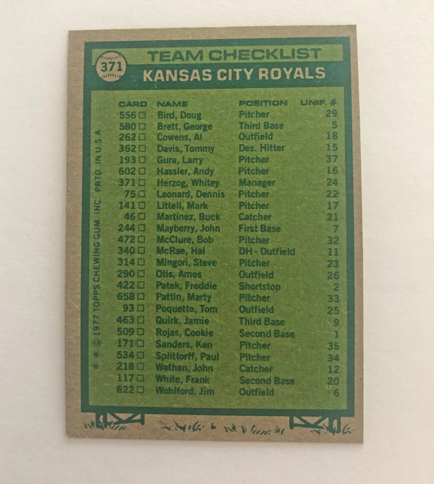 Tarjetas de béisbol del equipo de los Kansas City Royals de 1977 de TOPPS: Brett (2), Rojas, Otis Foto 2 de 4