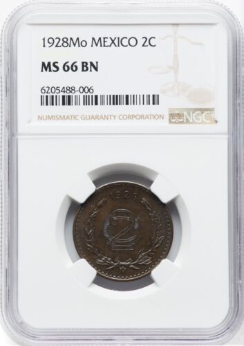 MEXICO ESTADOS UNIDOS 1928 2 CENTAVOS COIN NGC CERTIFIED UNCIRCULATED MS66-BN