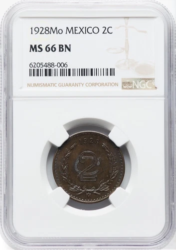 MEXICO ESTADOS UNIDOS  1928  2 CENTAVOS COIN NGC CERTIFIED UNCIRCULATED MS66-BN