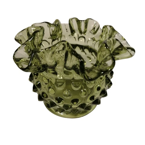 Vintage Fenton Crimp Hobnail Vase Colonial Green Small Rose Bowl