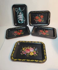 5 VTG Black Toleware Tin  Mini Trays 6.5" x 4.5"