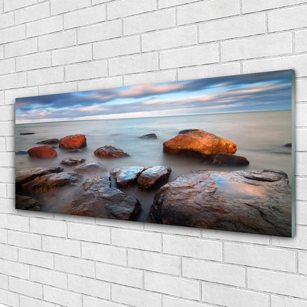 Tableau paysage marin en verre acrylique 125x50 cm panoramique avec pierres et mer