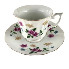 Vintage H 9 Bone China Peacock Stamped Tea Cup and Saucer Flowers 