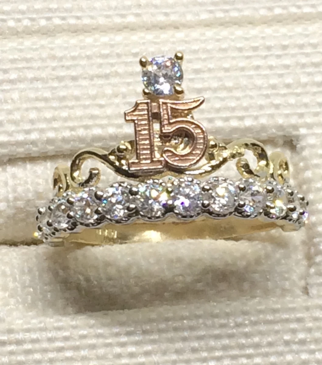 10k Rose Yellow Gold Crown 15 Birthday Zirconia Quinceanera Ring Band Girl