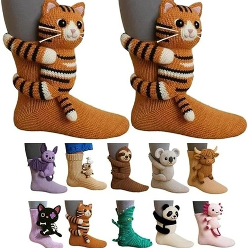 3D süße Tiere Socken Strickmuster Bodensocken Unisex lustig Weihnachtsgeschenk - Bild 30 von 34