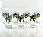 Vintage-Holiday Glass Tumblers-Set of 7-Holly & Berry Print–Mid-Century Style