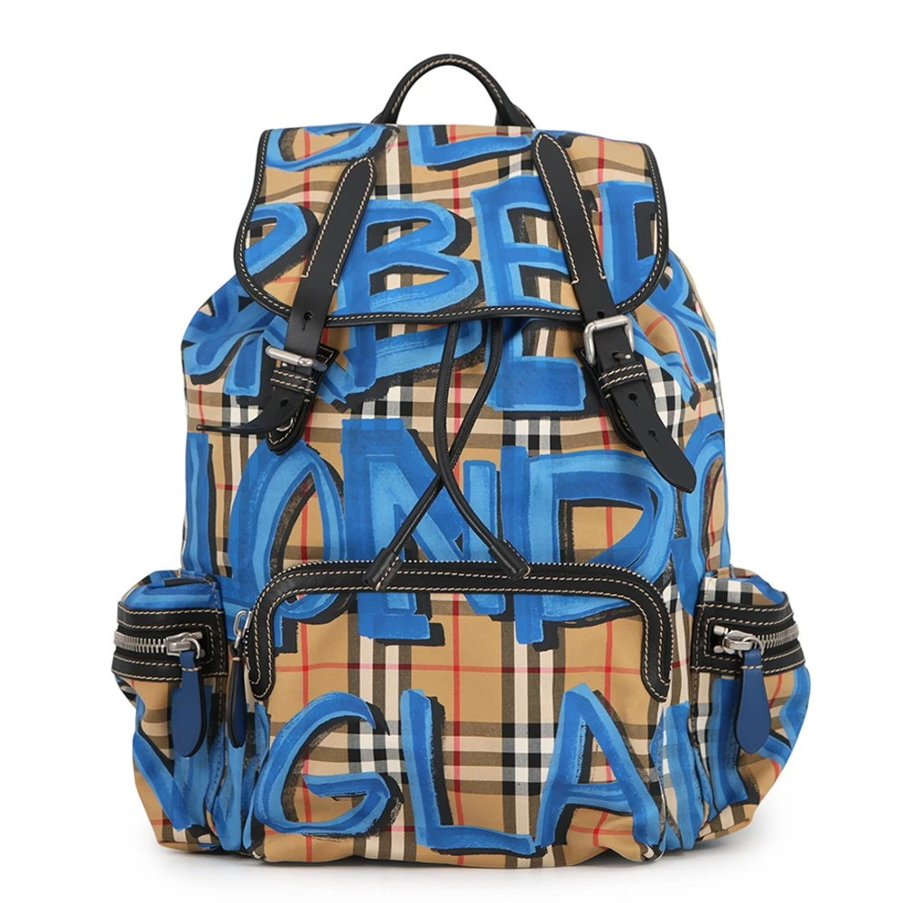 Burberry — BURBERRY Check Pattern Graffiti Backpack Nylon/Leather Blue/Antique yellow 4...