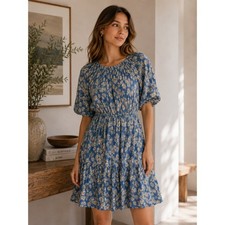 ASOS DESIGN Dress Womens 4 Blue Daisy Floral Plisse Mini Cottagecore Boho