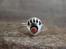 Native American Sterling Silver Coral Bear Paw Ring by Leta Parker - Size 5