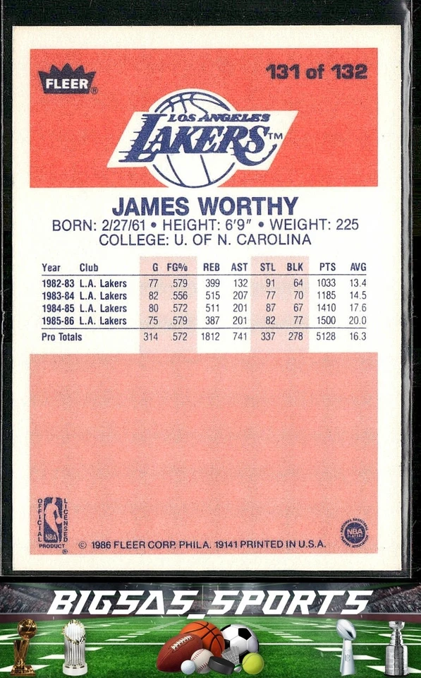 James Worthy 1986-87 Fleer #131 Los Angeles Lakers Foto 2 de 2