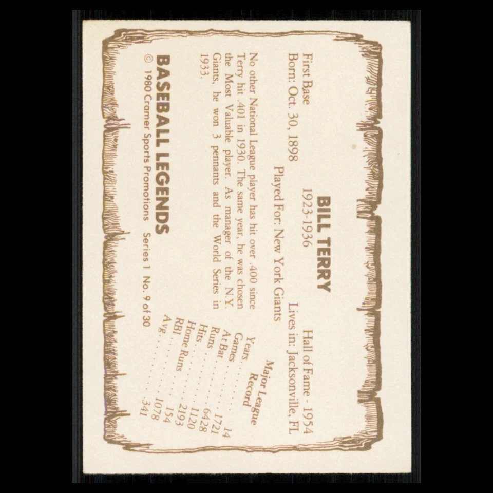 Bill Terry #9 1980 Cramer Baseball Legends Series 1 New York Giants Baseball MLB - Image 2 of 3