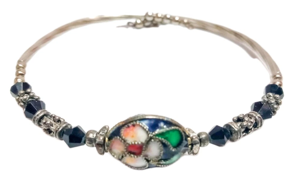 Brazalete Tibetano Cloissone ROSA Y NEGRO Flor Negro Estrás Plata Foto 2 de 4
