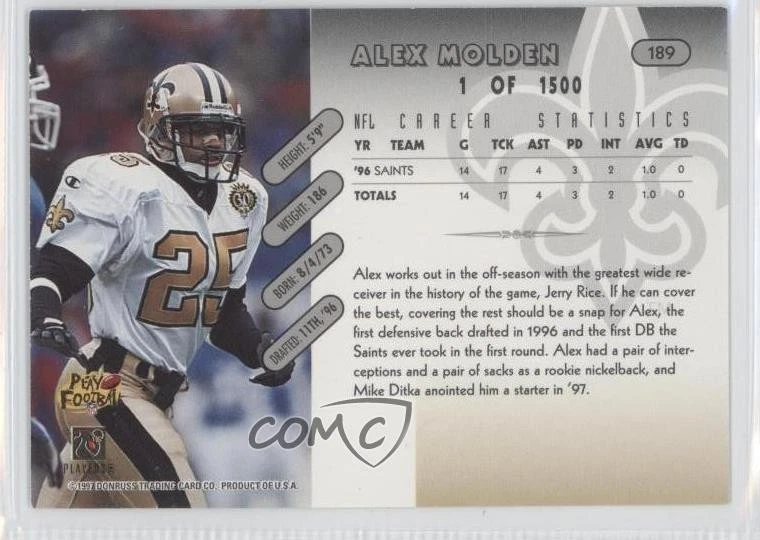 1997 Donruss Silver Press Proof /1500 Alex Molden #189 - Image 2 of 2