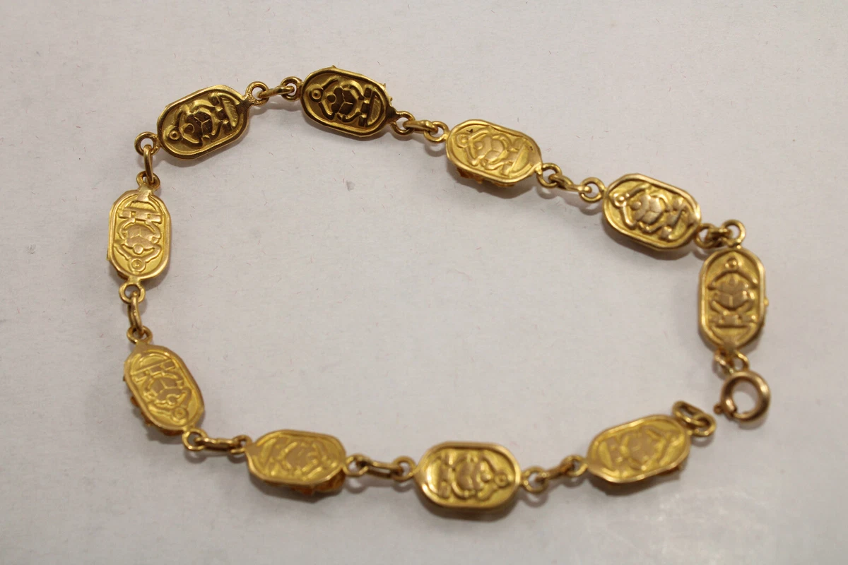 Unique Egyptian Scarab Bracelet Stamped 18K Yellow Gold Pharaonic
