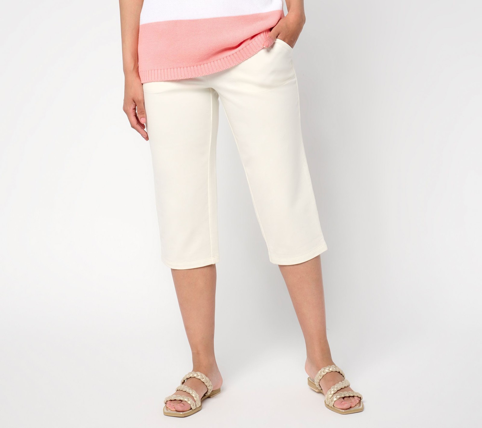 Denim & Co. Women's Pants Sz L Regular EasyWear French Terry Capri White A689888