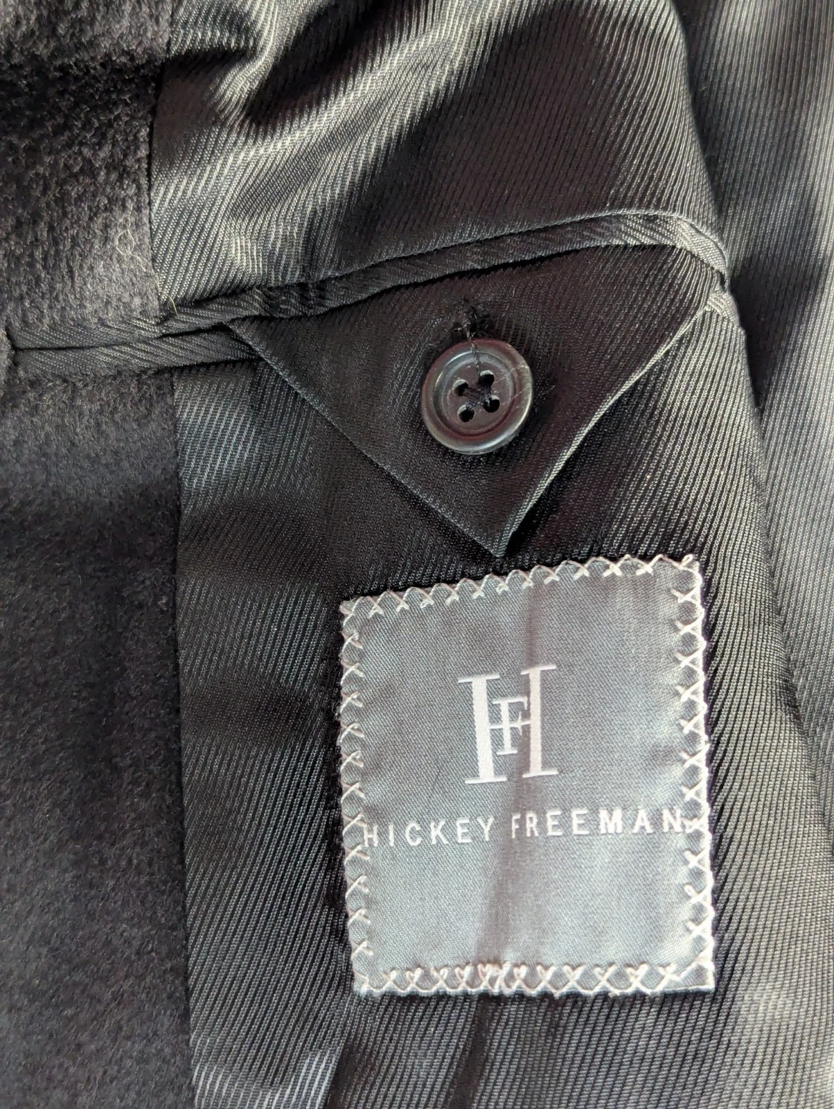 Hickey Freeman Coat Mens 44 Long 100% Wool Black Overcoat Jacket- Union Made - product detail image 2