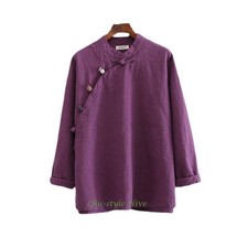 Women Ethnic Shirt Mandarin Collar Top Traditional Button Loose Retro Blouse Top