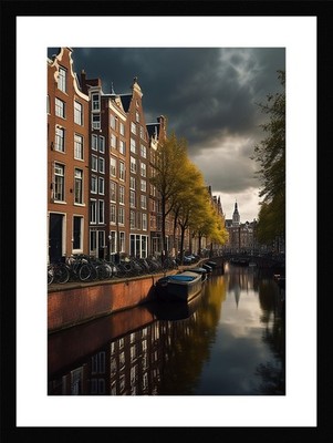 Vibrant Amsterdam Canals Framed Wall Art Poster Canvas Print Picture