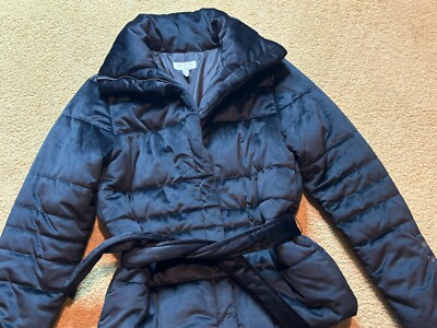 Sofia Vergara Black Moto Biker Velvet Velour Belted Puffer Coat Winter Jacket XS