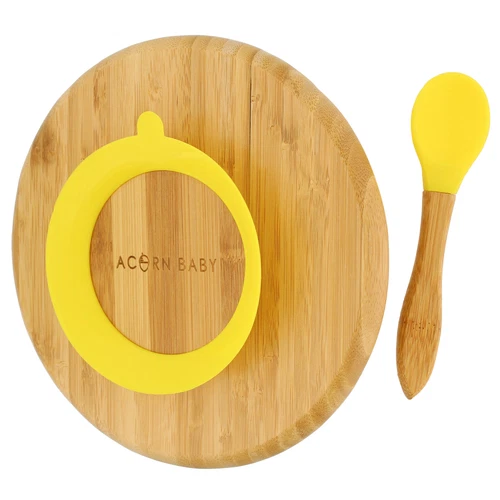 Acorn Baby Bamboo Toddler Plates with Spoon in Yellow - Baby Plates with Suction - Picture 2 of 8