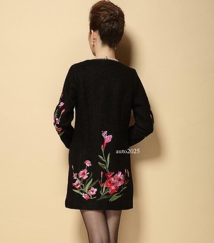 Chinese Womens Floral Embroider Round Neck Coat Long Jackets Wool Blend Outwear - Picture 8 of 20