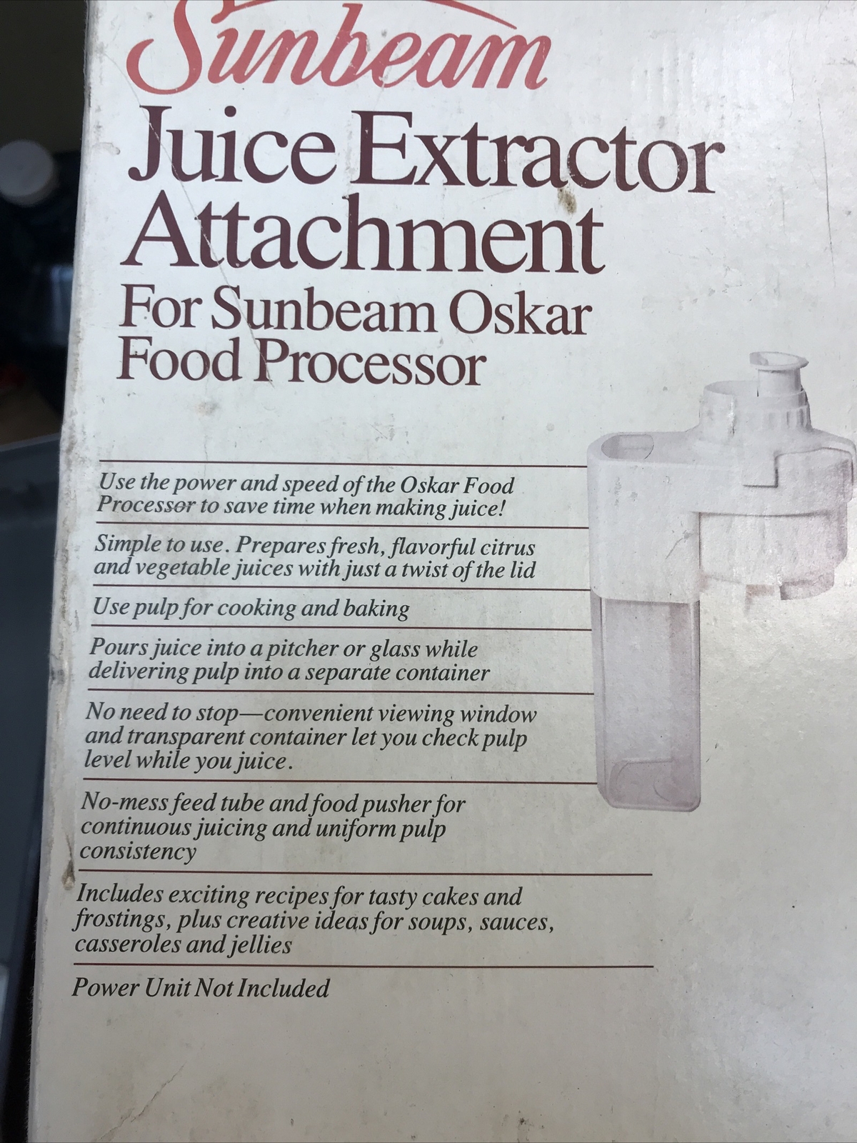 Sunbeam Juice Extractor Attachment 94690 White for Oskar Food Processor USED