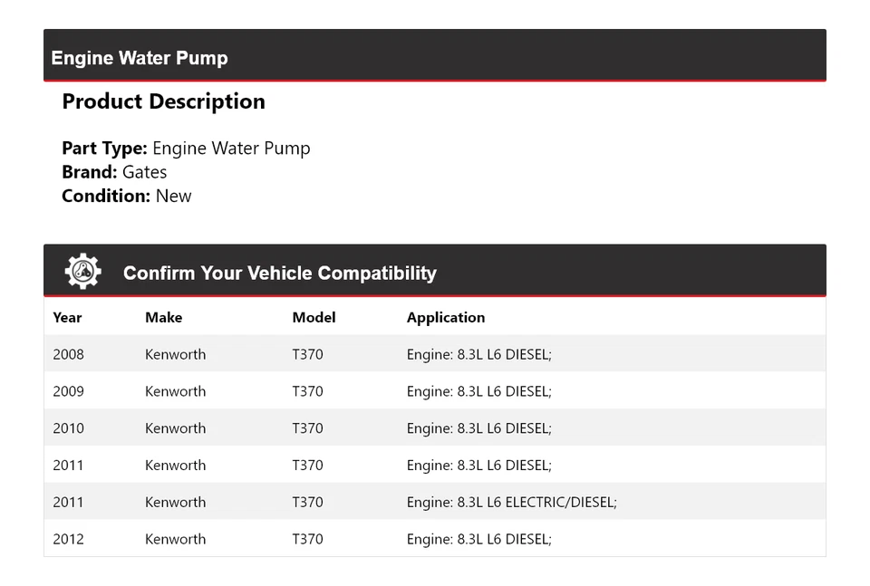 Puertas de bomba de agua para motor Kenworth T370 2008-2012 2009 2010 2011 Foto 2 de 4