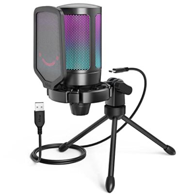  Gaming USB Microphone for PC PS5, Condenser Mic with Quick Mute, RGB Black