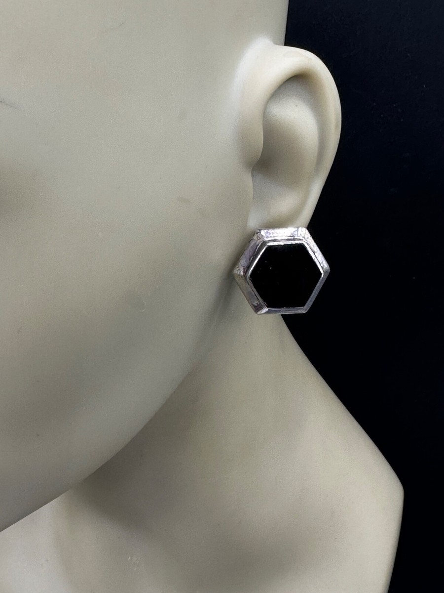 VINTAGE ESTATE STERLING SILVER HEXAGONAL BLACK ONYX POST EARRINGS SIGNED View 6