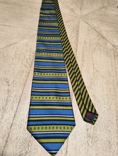 Tommy Hilfiger 100% Italian Silk Necktie Yellow Blue Stripes Made In USA Unique